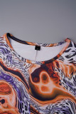 Oranje casual print Basic O-hals jurk met korte mouwen Grote maten jurken