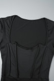 Schwarze, lässige, einfarbige, einstufige Rockkleider mit Schlitz und quadratischem Kragen