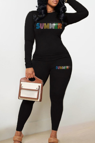 Multicolor Casual Hot Drilling O Neck Long Sleeve Sweatshirt And Pants Sportwear Two Piece Jogger Set