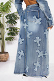 Синий повседневный карман с вышивкой в ​​стиле пэчворк, пуговицы с высоким отверстием, молния, воротник-молния, длинный рукав, две части