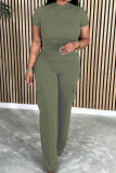 Army Green Casual Solid Basic Half A Turtleneck Short Sleeve Two Pieces
