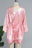 Pink Elegant Solid Bandage Patchwork Backless Fold V Neck Long Sleeve Dresses