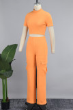 Orange Casual Solid Basic Half A Turtleneck Short Sleeve Two Pieces Crop Tops And Cargo Pants Sets