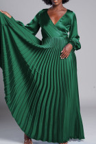 Зеленые элегантные однотонные лоскутные плиссированные платья с V-образным вырезом и трапецией