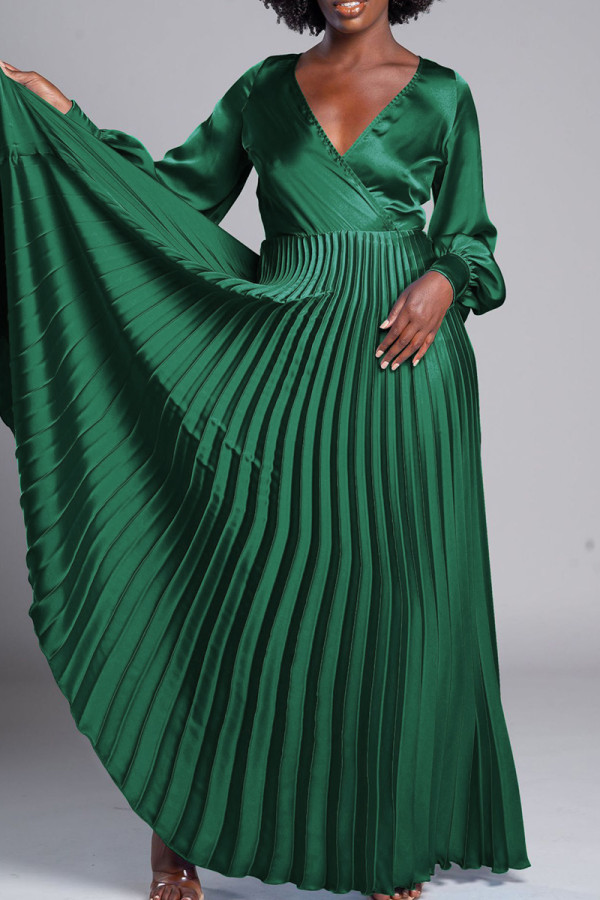 Green Elegant Solid Patchwork Pleated V Neck A Line Dresses