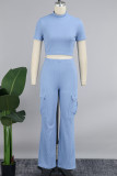 Blue Casual Solid Basic Half A Turtleneck Short Sleeve Two Pieces Crop Tops And Cargo Pants Sets