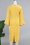 Robes jaunes décontractées à jupe crayon à col rond en patchwork solide