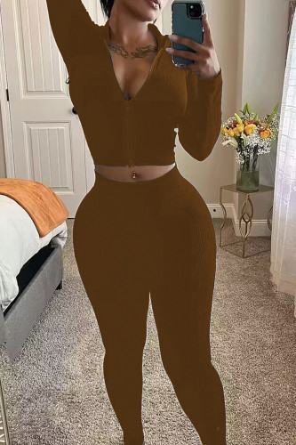 Brown Sportswear Zipper Collar Long Sleeve Crop Jackets And Sweatpants Two Pieces Jogger Sets