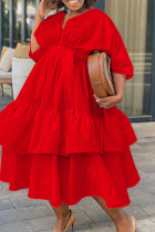 Rote, elegante, einfarbige Patchwork-Kleider mit V-Ausschnitt und A-Linie