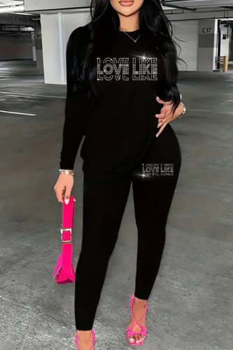 Black White Casual Hot Drilling O Neck Long Sleeve Sweatshirt And Pants Sportwear Two Piece Jogger Set