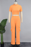Orange Casual Solid Basic Half A Turtleneck Short Sleeve Two Pieces