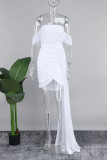 Белые сексуальные однотонные платья-юбки с открытой спиной и открытыми плечами