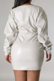 Vestidos de saia enrolados brancos sexy sólidos com retalhos e decote em V