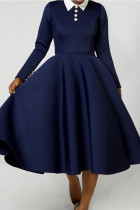 Tiefblaue, lässige, elegante, solide Patchwork-Kleider mit Umlegekragen in A-Linie