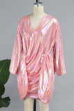 Розовые элегантные однотонные лоскутные платья с открытой спиной и V-образным вырезом с длинными рукавами
