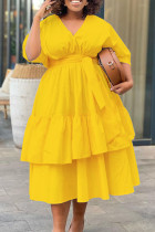 Желтые элегантные однотонные лоскутные платья с V-образным вырезом и трапецией