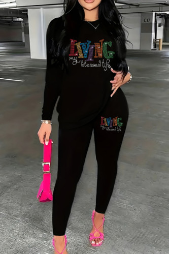 Colour Casual Hot Drilling O Neck Long Sleeve Sweatshirt And Pants Sportwear Two Piece Jogger Set