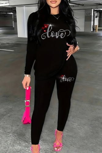 Black Red Casual Hot Drilling O Neck Long Sleeve Sweatshirt And Pants Sportwear Two Piece Jogger Set