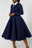 Diepblauwe casual elegante effen patchwork turndown kraag A-lijn jurken