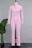 Pink Casual Solid Patchwork Hooded Collar Long Sleeve Two Pieces Jackets And Pants Sets Jogging Suit