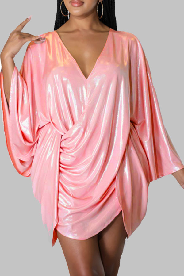 ピンクのエレガントな固体包帯パッチワーク背中の開いた折り V ネック長袖ドレス