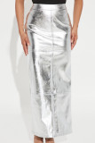 Pantaloni tinta unita convenzionali a vita alta regolari con spacco patchwork solido argento Street
