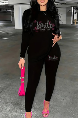 Black Casual Hot Drilling O Neck Long Sleeve Sweatshirt And Pants Sportwear Two Piece Jogger Set