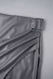 Botões de retalhos sólidos cinza doce abertura alta regular cintura alta reta cor sólida
