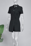 Black Casual Solid Patchwork Turn-back Collar Regular Rompers