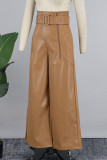 Gelbe Street Solid Patchwork-Tasche mit Reißverschluss, gerade, hohe Taille, weites Bein, einfarbige Hose