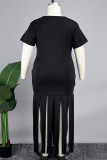 Schwarzes, elegantes, einfarbiges Patchwork-Kleid mit O-Ausschnitt und Wickelrock in Übergröße