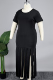Black Elegant Solid Tassel Patchwork O Neck Wrapped Skirt Plus Size Dresses