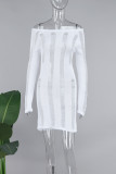 Weiße, sexy, solide, ausgehöhlte, rückenfreie, schulterfreie Patchwork-Kleider mit langen Ärmeln