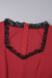 赤いエレガントな固体パッチワーク スリット ボウ ジッパー非対称襟ペンシル スカート ドレス