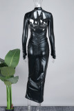 Черные элегантные однотонные лоскутные длинные платья с открытой спиной и водолазкой
