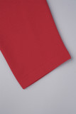 Rote, elegante, solide Patchwork-Kleider mit Schlitz und Schleife, Reißverschluss, asymmetrischem Kragen und Bleistiftrock