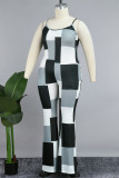 Gray White Casual Print Patchwork Pocket Spaghetti Strap Plus Size Jumpsuits