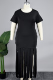 Schwarzes, elegantes, einfarbiges Patchwork-Kleid mit O-Ausschnitt und Wickelrock in Übergröße