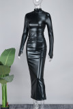 Black Elegant Solid Patchwork Backless Turtleneck Long Dress Dresses