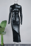 Черные элегантные однотонные лоскутные длинные платья с открытой спиной и водолазкой