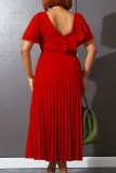 Rode elegante effen patchwork geplooide asymmetrische kraag A-lijn jurken