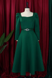 Verde casual sólido com cinto gola quadrada vestidos de manga comprida