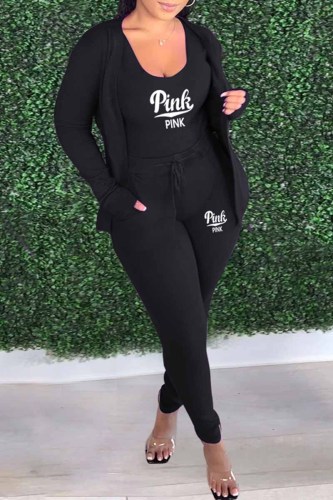 Black Casual Print Letter U Neck Long Sleeve Three Pieces