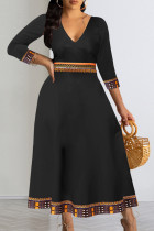 Zwarte sexy print patchwork V-hals A-lijn jurken