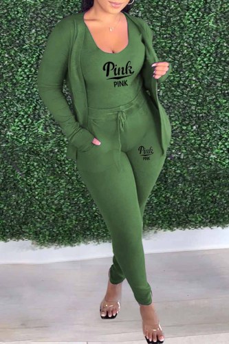 Army Green Casual Print Letter U Neck Long Sleeve Three Pieces