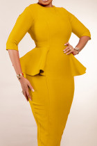 Желтые элегантные однотонные лоскутные платья-юбка-карандаш с застежкой-молнией и круглым вырезом