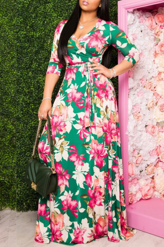 Green Elegant Floral Patchwork V Neck A Line Dresses