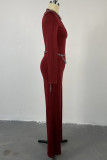 Brick Red Sweet Solid Hollowed Out Patchwork O Neck Regular Jumpsuits（Including Chains）