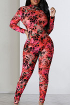 Red Sexy Print Patchwork Zipper O Neck Skinny Jumpsuits