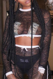 Patchwork de dentelle unie Sexy noir transparent avec nœud col rond manches longues deux pièces